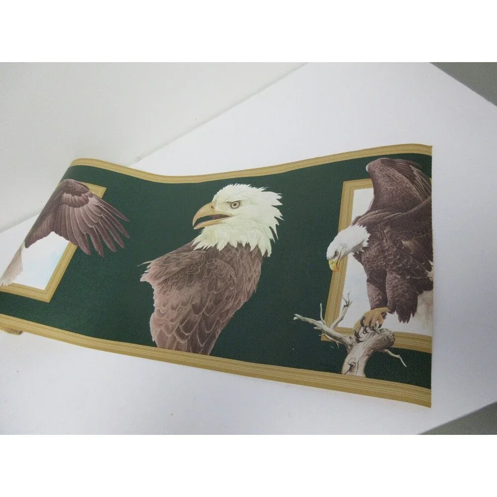 Genuine Flying Eagle on Branch Wallpaper Border Vintage Green Brown&White